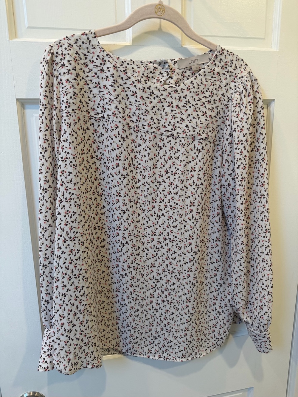 LOFT Cream Long-Sleeve Floral Blouse with Red & Black Accents